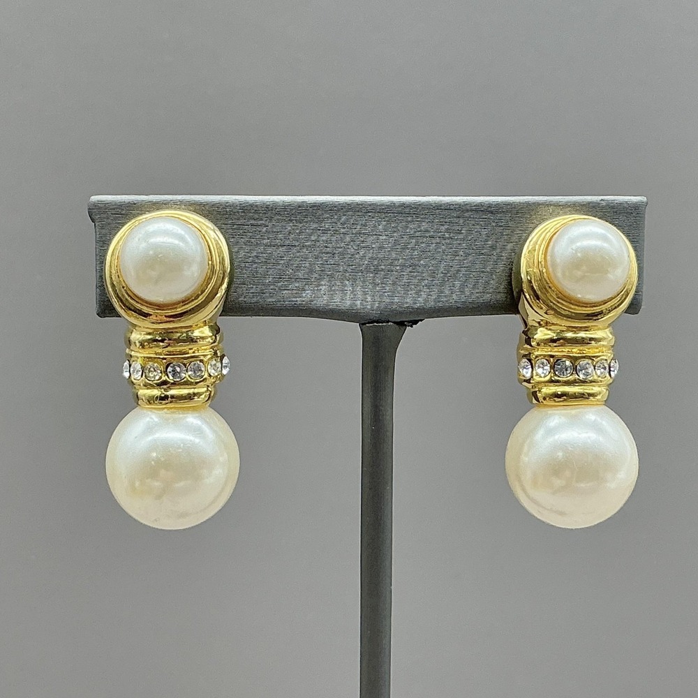 Earrings Gold Tone White Imitation Pearl Dangle Drop Womens Clip On Jewelry